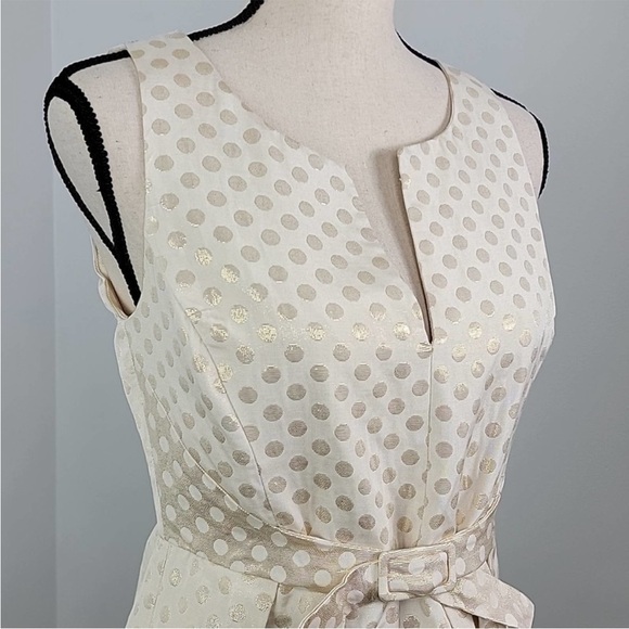 Anthropologie Quillaree Metallic Gold Jacquard Polka Dot Cream A-line Dress 4 - Picture 14 of 14